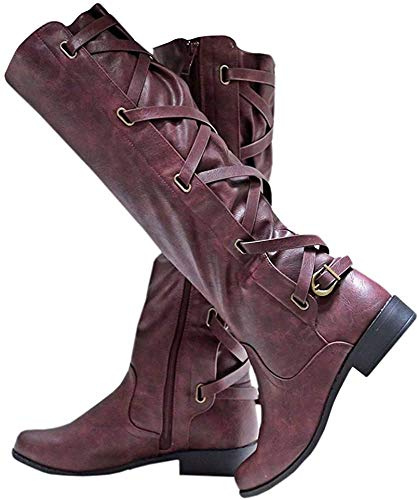 Coutgo Women Lace Up Knee High Motorcycle Riding Flat Low Heel Strappy Winter Combat Boots