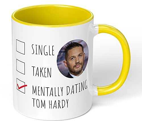 Print Maniacs Mug Gift Christmas Birthday Novelty Celebrity Movies Coffee Tea Present Gift Mentally Dating Tom Hardy (Yellow Fill)