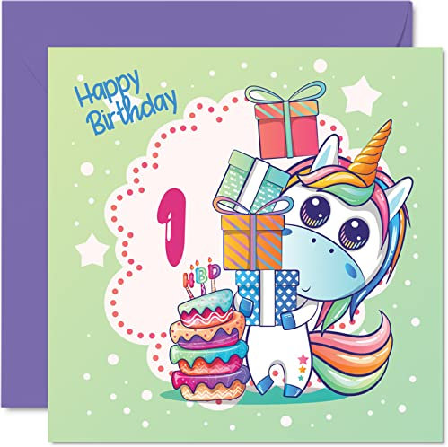 Geburtstagskarte zum 1. Geburtstag Mädchen – magische Einhorn-Geburtstagskarte – Happy Birthday Karte 1 Jahr Mädchen Geburtstagskarten sie 145 mm x 145 mm Grußkarten Tochter Nichte Enkelin Kinder