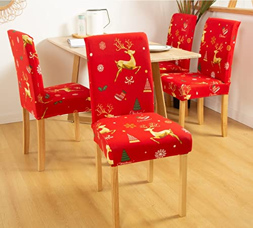 Stuhlhussen 6Er Set Roter Elch Stuhlhussen Schwingstuhl Stuhlbezug Stretch Esszimmerstühle Hussen Abnehmbarer Moderne Beschützer Schutzhülle für Bankett Hotel