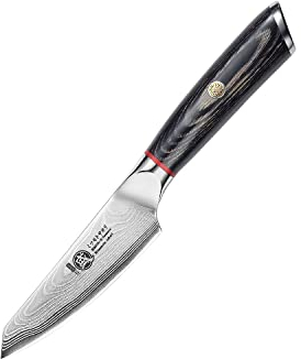 MITSUMOTO SAKARI Couteau D'office Japonais de 10 cm, Petit Couteau à Fruits en Damas AUS-10, Couteau Cuisine Classique Forgé à la Main(Manche en Bois de Pakka etBoutique Boîte en bois)