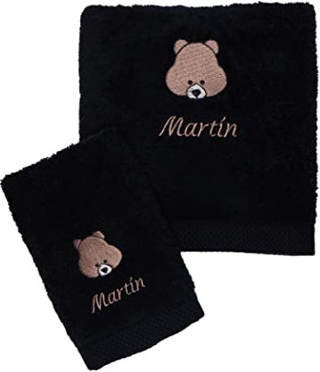 Toallas Bordadas Personalizadas con Animales (Personaliza Nombre,Tipo de Letra, Animal y Color).Toallas para guarderia-Regalo Personalizado (Toalla Negra)
