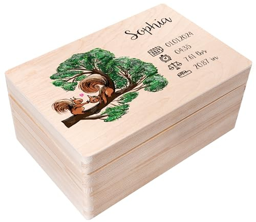 Creative Deco Erinnerungsbox Baby Personalisiert mit Namen - Eichhörnchen | 30 x 20 x 14 cm | Individuelle Erinnerungskiste Geschenk zur Geburt für Mädchen und Jungen | Holzkiste mit Deckel Farbdruck