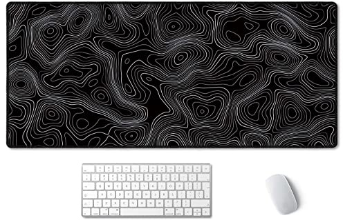 SSOIU Black Topographic Extended Gaming Mouse Pad XXL ArtSo Large Keyboard Mat Long Mousepad Desk Decor Writing Pad Non Slip Rubber Base Stitched Edges for Work, Game, Office, Home, 35.5 x 15.7