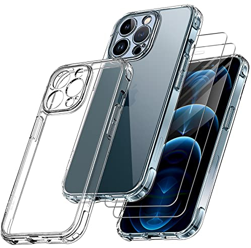 Qasyfanc Kompatibel mit iPhone 12 Pro Hülle mit Kameraschutz mit 2 Stück Schutzfolie, Nie Vergilbung Transparent Handyhülle Harte PC Rückseite Militärschutz Kratzfest Fallschutz Schutzhülle, Klar