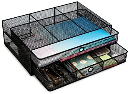 Exerz Soportes para Monitor Con Cajones, Organizador de Escritorio de Alambre de Malla, Soporte de Pantalla Elevador de Soporte para Monitor de Computadora Máx. 15kgs - Negro