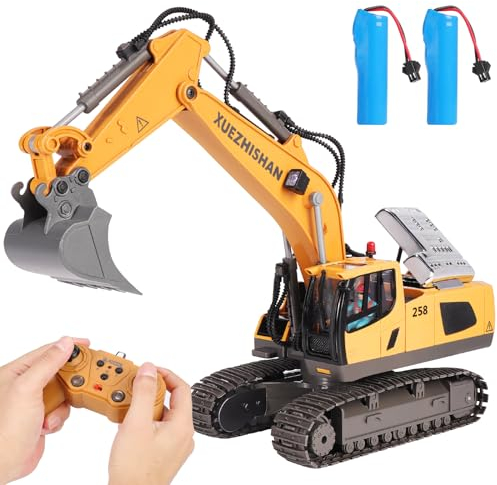 MINGPINHUIUS Excavadora teledirigida de juguete para niños, 11 canales, excavadora RC de 2,4 GHz, mando a distancia con pala de aleación de hierro, incluye 2 baterías con luz y música excavadora