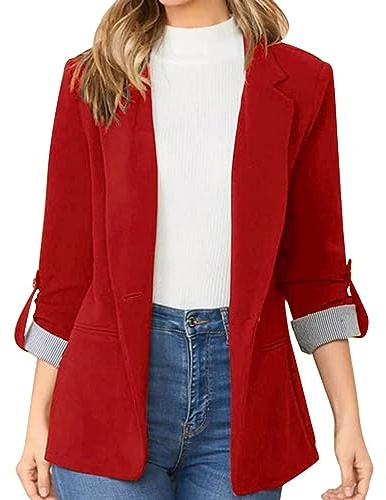 L9WEI Bléiser entallado para mujer, para otoño e invierno, elegante, de vestir, con solapa, diseño monocromático, mangas largas, chaquetas y trajes de negocios, rojo, M