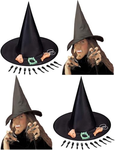 Deguisement Sorciere Fille Ou Femme Sorcière Avec Nez De Sorcière, Chapeau De Sorcière Et Ongles De Sorcière. Costume Sorciere Enfant Halloween 3, 4, 5 Ans. Accessoires De Costume De Sorcière.