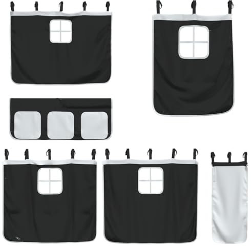 vidaXL Vorhänge, Vorhang Set für Hochbett Spielbett Kinderzimmer, Bettvorhang mit 3 Taschen, Spielvorhang Bettzubehör, Weiß Schwarz Polyester