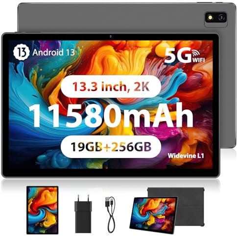 PIXPEAK 2K Tableta 13,3 Pulgadas e 5G WiFi, INCELL 2000 * 1200, 11580mAh, 36GB RAM, 256GB ROM (2TB Ampliable), Android 13.0 Octa-Core 2.0GHz, 13MP+8MP, Tabletas con GPS/Bluetooth 5.0, Gris