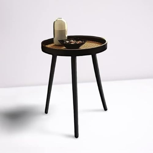 BONAFIDE Modern Bedside Table, Round Coffee Table, Outdoor Rattan Tabletop Side Table, Nightstand/Small Tables for Living Room, Small Side Table Cocktail Tea Desk (BLACK)