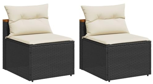 vidaXL Gartensofas 2 STK., Gartensofa ohne Armlehnen mit Kissen, Modular Sofa Stahlrahmen, Gartenmöbel Rattanmöbel, Schwarz Poly Rattan