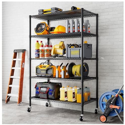 Forthcan Heavy Duty Garage Shelving Unit - 182.9x91.3x45.7 cm - Adjustable Wire Shelving Unit Storage Shelves with Wheels, 5 Tier, Black