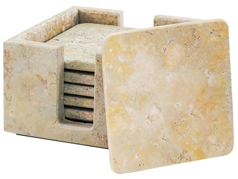 SPESHSTONES Marmor-Untersetzer, handgefertigt, 8,9 cm, quadratisch, Travertin-Untersetzer für Getränke, mit Halter, ideale Stein-Getränkeuntersetzer für Kaffeebar-Accessoires, Esstisch und