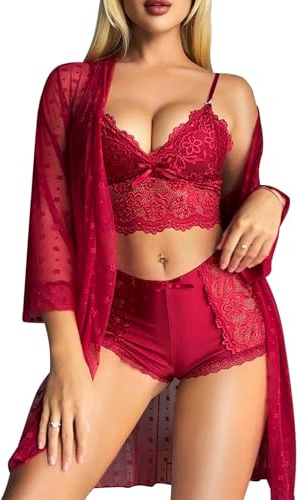 RSLOVE Sexy Lingerie for Women Sets - Lace Bra and Panty Set with Mesh Robe 3 Piece Babydoll Nightwear