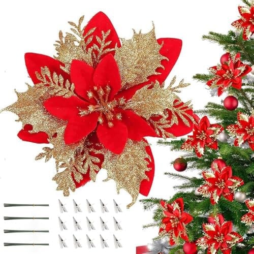 EHIOG 12 PCS Poinsettia Artificial Flowers, Red Gold Christmas Poinsettia, Glitter Red Flowers for Christmas Tree, Wedding Party Wreath Decoration, 5.5 Inches