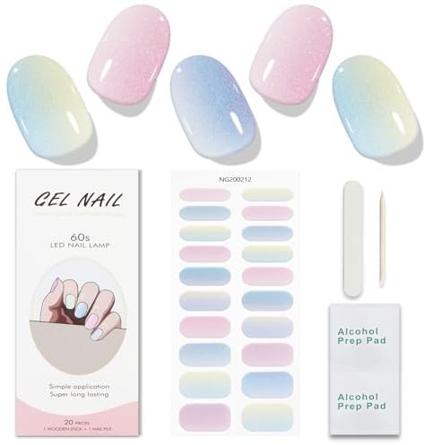 JMEOWIO Gel Nail Stickers Colorful Glitter Semi Cured Gel Nail Strips Wraps UV/LED Nails Art Design Decoration Accessories