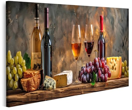 islandburner Bild auf Leinwand Rustikales Stillleben mit Weinflaschen Gläsern Trauben Käse Brot auf Holztisch Bilder Wandbilder Poster