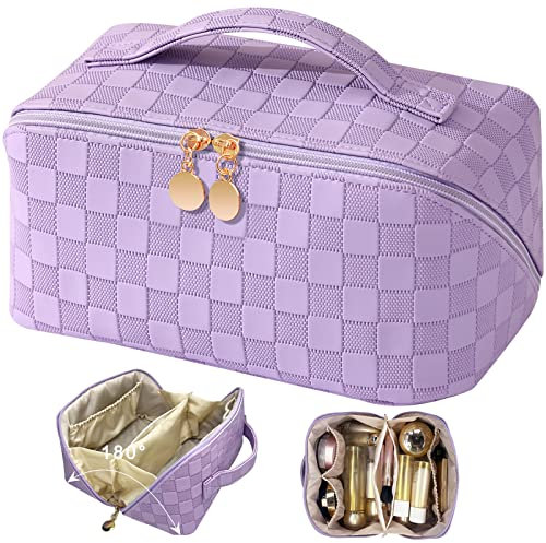 TOPALL Kosmetiktasche Reise Damen,Beauty Case PU Leder,Groß Make Up Tasche,Portable Schminktasche Kulturtasche Organizer mit Kapazität für Reisezubehör Travel Essentials Women(Checkered Purple)