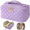 TOPALL Kosmetiktasche Reise Damen,Beauty Case PU Leder,Groß Make Up Tasche,Portable Schminktasche Kulturtasche Organizer mit Kapazität für Reisezubehör Travel Essentials Women(Checkered Purple)