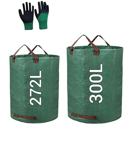 Lot 2 sacs de jardin professionnels, Sacs à Déchets de Jardin réutilisables(272L et 300L), sacs à feuilles, sacs à débris de jardin, sacs robustes pour pelouse et feuilles, avec Gants de Jardinage.