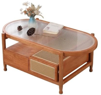 RUNZE765Z Mesa pequeña Salon Mesa de Centro de Madera Maciza for Salas de Estar pequeñas, Acabado en Cerezo, Mesa Ovalada Minimalista Moderna for el hogar Mesa de Centro Salon