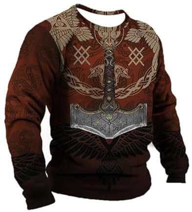 keephenDE Men's Plus Size Vintage Viking Warrior 3D Printed Long Sleeve Fashion Harajuku Retro Viking Tattoo Distressed T-Shirt