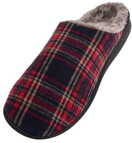 ABSOLUTE FOOTWEAR Mens Traditional Checked Open Back Mule Style Slippers with Faux Fur Lining - Red - UK 10 / EU 44