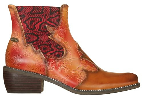 Laura Vita - ERCWINAO03 - Stivaletti texani in pelle e tessuto. Donna. Cuoio e rosso. EU (Cuoio, Sistema Taglie Calzature EU, Adulto, Donna, Numero, Media, 39)