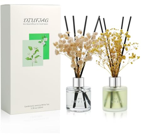 Raumduft Jasmin Weißer Tee Gardenie,Mit 16 Duftstäbchen Schilfrohr-Diffusor Getrockneter Blume für Badezimmer Schlafzimmer Büro, 2 x 50 ml