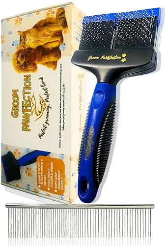 Groom Pawfection Slicker Brush & Finishing Comb for Dogs & Cats – Deshedding Tool & Pet Hair Remover for Long, Short & Curly Coats – Grooming Gift Kit for Poodles, Doodles & Huskies