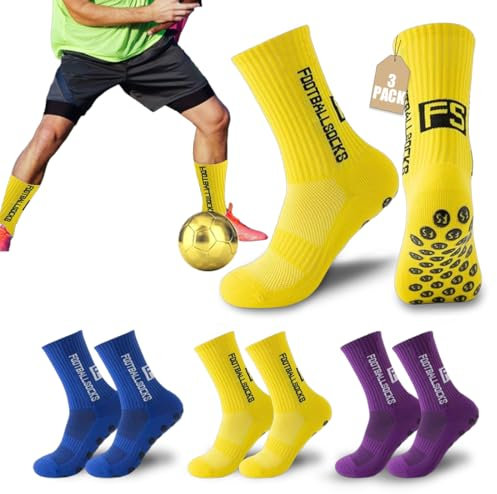 Aethryon Calzini sportivi da calcio, calzini sportivi antiscivolo, calzini da calcio, calzini da corsa, traspiranti, 3 paia - Blu/Giallo/Viola, 37-46
