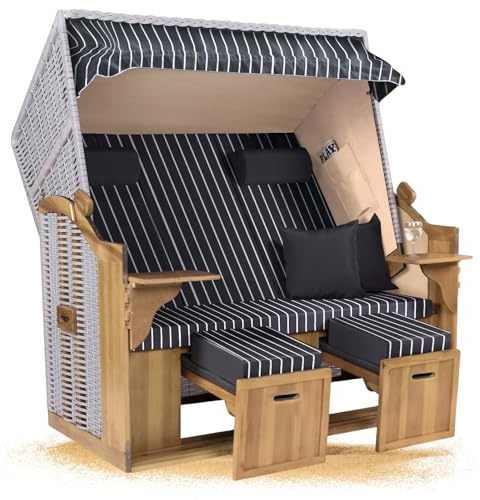 Strandkorb Hanse Ostsee XXL 2,5 Sitzer Volllieger Weiß 150cm breit, ideal für Garten, Terrasse und Balkon (Grau Weiß Nadelstreifen, Montiert)
