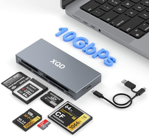 10Gbps XQD Card Reader 8 in 1 Multi-Card Reader USB C for Sony G/M Series, Lexar 2933x/1400x USB Mark XQD Card/CF/XD/MS/TF/SD Memory Card Reader/Writer/Hub USB 3.2 for Windows/Linux/Mac OS/Android ﻿