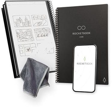 Rocketbook Core wiederverwendbares Spiral-Notizbuch, Format 15 cm x 22,4 cm, Schwarz – gepunktete Seiten, App-Konnektivität, löschbar, robuster Einband, ideal für Schule, Arbeit und kreative Projekte