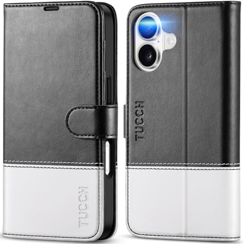TUCCH Folio Wallet Case for iPhone 17 (6.3) 2025, Black & White | 4 Card Holders, RFID Blocking, Kickstand, Shockproof TPU, Premium PU Leather, Magnetic Closure, Foldable Flip Cover