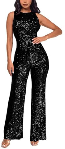 Glitzer Jumpsuit Damen Ärmellos Party Strampler Hosenanzug Elegant Hohe Taille Clubwear Pailletten Bodycon Einteiler Sexy Lang Playsuits Romper
