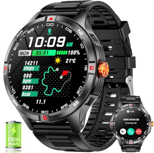 Smart Watches for Sports 1000mAh Large Battery,1.46 HD Screen with Call | Multiple Sport Modes Fitness Tracker for Android/iPhone,Compass/Heart Rate/Sleep Monitor/LED Flashlight, IP68 Waterproof