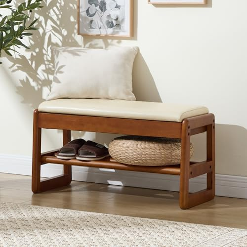 YUUIJOAA 80 cm Schuhbank, 2 Stöckige Sitzbank mit Stauraum, Schuhregal Klein mit Kunstlederpolster für Eingangsbereich, Flur, bis 136 kg belastbar(Beige)