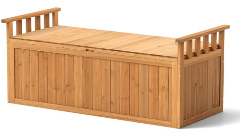 TANGZON Wooden Garden Storage Box, 209L Solid Fir Wood Deck Box with Armrests, Outdoor 2-Seat Bench Loveseat Waterproof Organizer Container for Patio Balcony Yard