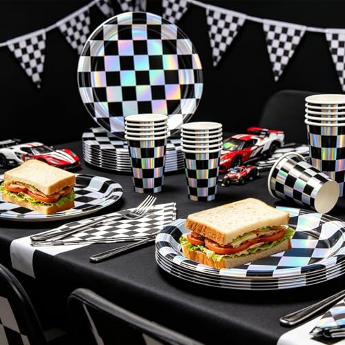 60P Colorful Laser Foil Party Tableware Set,Black White Checkered Sparkling Party 20 Paper Plates 20 Napkins 20 Cups for Birthday,Black White Checkered Dinner Plates Napkin Cup for Baby Shower Wedding