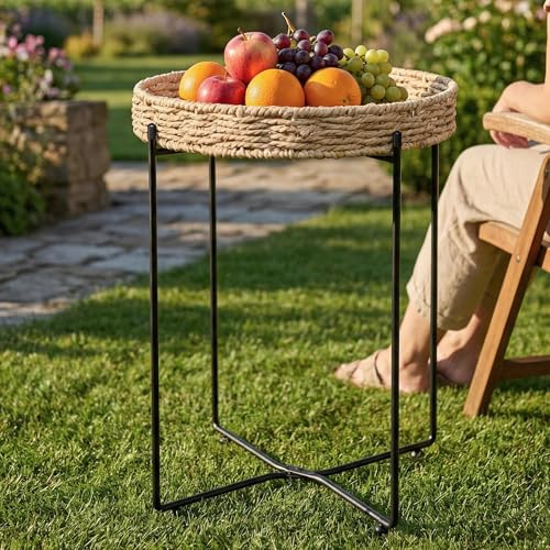doporro Beistelltisch rund Ø37×H55 cm, mit abnehmbarem Tablett Schwarz | Couchtisch klein aus Papierseil, Sofatisch als Beistelltisch Couch für Wohnzimmer, Schlafzimmer, Outdoor und Balkon, Reglo-08
