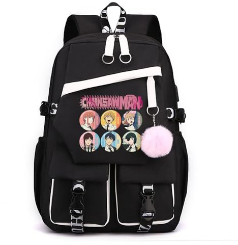 Huacaiyu Anime Chainsaw Man School Bag for Girls,Denji Pochita Reze Nylon Breathable Large Bookbags for Teens Girls Students, Kawaii Decoration Rucksack with Pendant Black/Pink