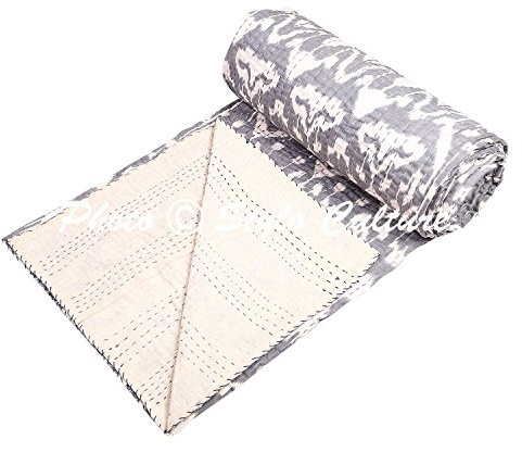 Stylo Culture Indische Tagesdecke Schlafzimmer Kantha Bettwäsche einzelne graue Baumwolle Ikat Hand genäht Decke Bettwäsche Bettdecke