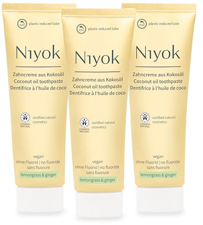 Niyok® Zahncreme aus Bio Kokosöl Zitronengras & Ingwer (3 x 75ml) • Natürliche Zahnpasta für weiße Zähne • Intensive Pflege & Frische • Schützt das Zahnfleisch • Ohne Fluorid & Vegan