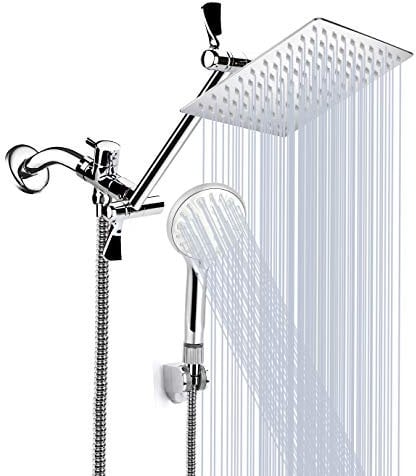 Shower Head, 8‘’ High Pressure Rainfall Shower Head/Handheld Shower Combo with 11'' Extension Arm, 9 Settings Adjustable Anti-leak Shower Head with Holder, Height/Angle Adjustable, 1.5M Hose, Chrome