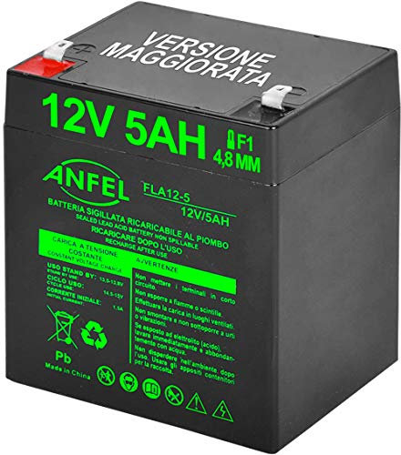 Batteria Ermetica al Piombo 5Ah, per UPS, Video Sorveglianza e Sistemi di Allarme, 12 V, Attacco Faston 4.8 mm, Dimensioni 9 x 10 x 7