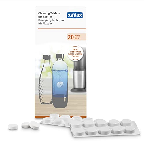 Xavax Flaschenreiniger (Reinigungstabletten für Trinkflaschen aus Glas, Aluminium, Edelstahl, Kunststoff, chlorfrei, phosphatfrei, für Flaschen aller Sprudelsysteme, z.B. Sodastream) 20 Stück