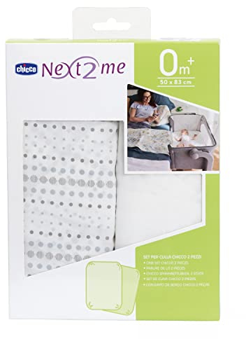 Chicco Babybettwäsche-Set Kompatibel mit Next2Me, 2 Stück, 50 x 83 cm, 100% Baumwolle, 2 Spannbettlaken mit Gummizug, 1x gemustert, 1x unifarben - Neugeborenes Babyzubehör 0+ Monate